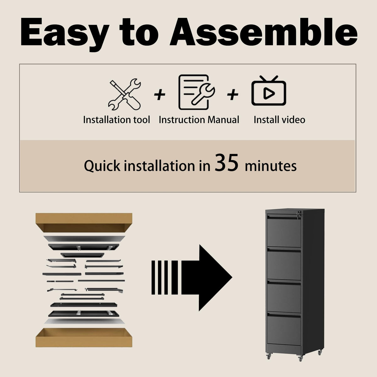 FOSTOKO File Cabinet with Lock, 4 Drawers Filing Cabient with Wheel, Steel Vertical Filing Storage Cabinet for Home Office, Heavy-Duty File Cabinets for Letters/Legal/A4 (Require Assembly, Black)