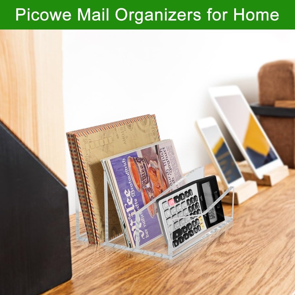 Picowe Acrylic Mail Organizer, 3-Tier Desktop File Holder for Letters, Envelopes, Bills, Paper, Desk Organizer Vertical Letter Sorter for Office and Home