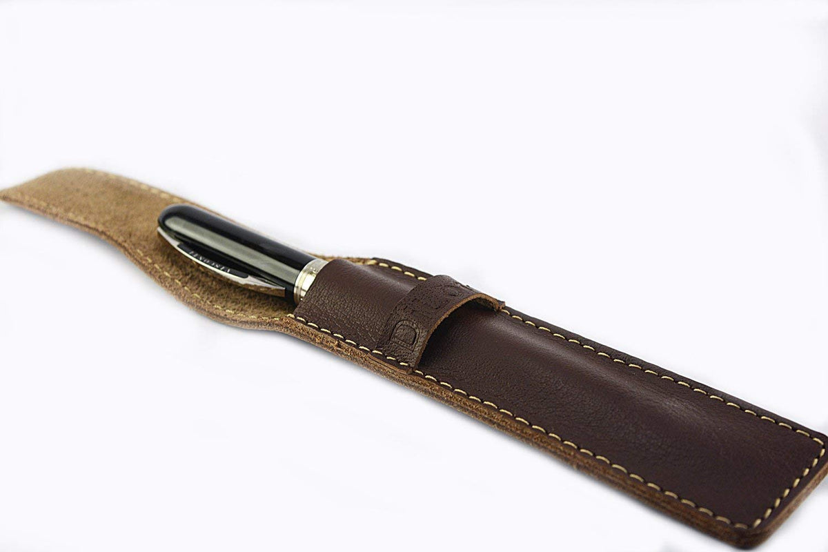 DiLoro Full Grain Thick Genuine Single Leather Pen Case Holder Pouch Pen Protector Pencil pencase (Buffalo Brown)