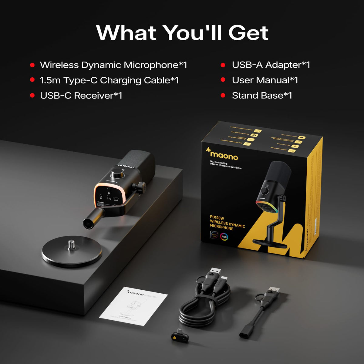MAONO PD100W USB Wireless Microphone for PC, Gaming Streaming Dynamic Mic with One-Click Noise Reduction,Mute Button,Custom RGB, 3.5mm Headphone Jack, Desktop Podcasting Mic for Computer Phone, Black