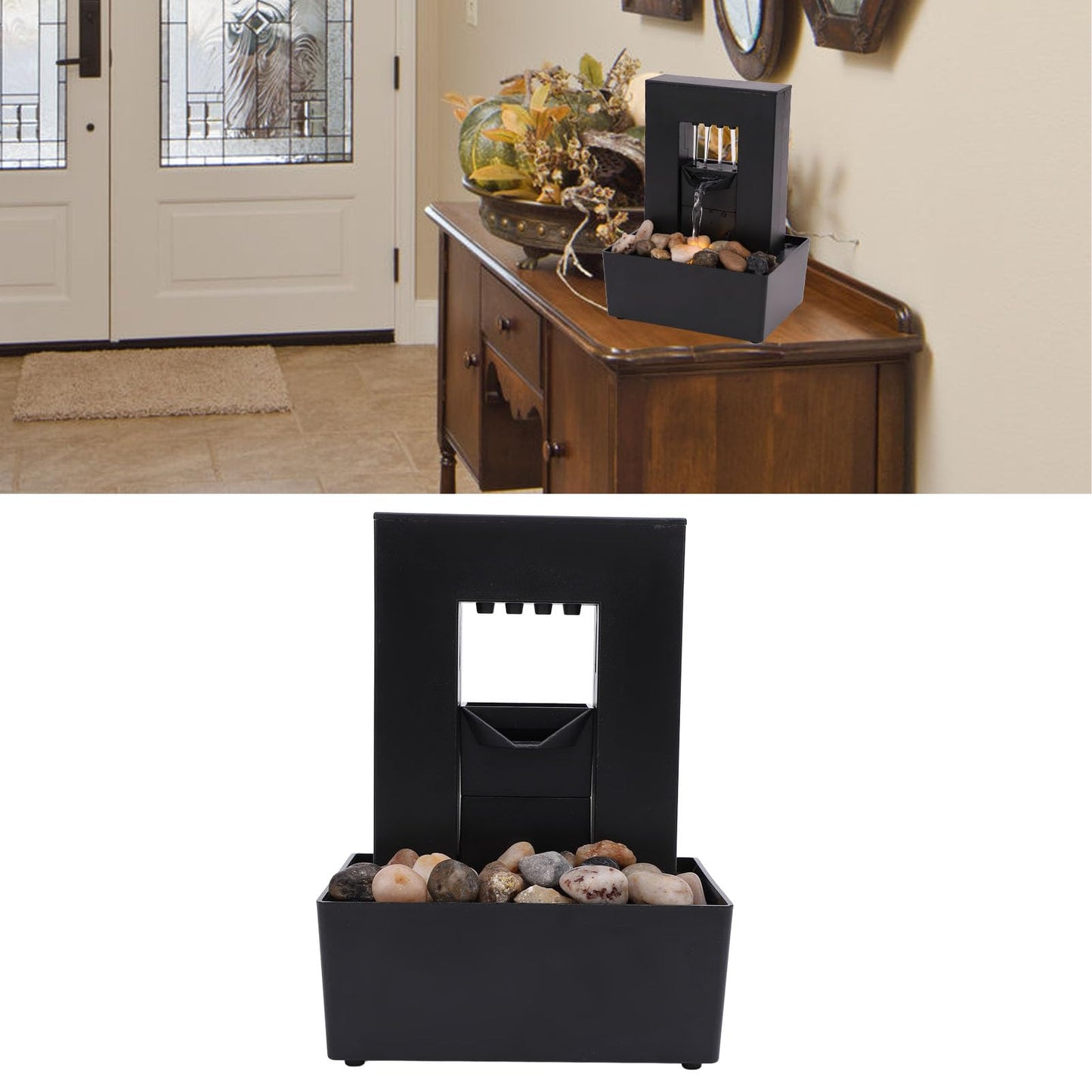 Buachois Tabletop Water Fountain,Small Plastic Indoor Fountain,USB Rechargeable Waterfall Fountain with LED Light,Gurgling Water and Polished Pebble for Feng Shui Effect