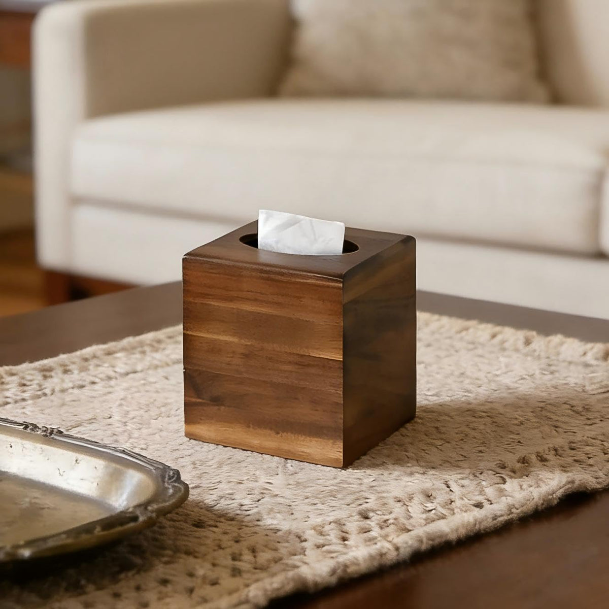 KALEKAIL Wood Tissue Box Cover, Acacia Wood Tissue Box Cover Square, Decorative Cube Facial Wooden Tissue Box Holder with Slide-Out Bottom for Bathroom, Bedroom, Dinner Table, Office, Kitchen