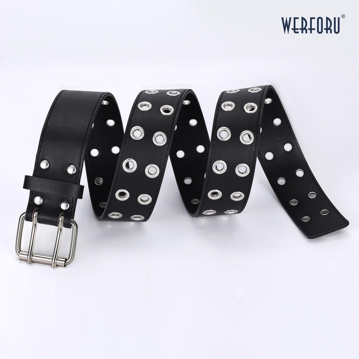 WERFORU Double Grommet Leather Belt with Detachable Chain for Women Punk Black Studded Waist Belt for Pants Jeans