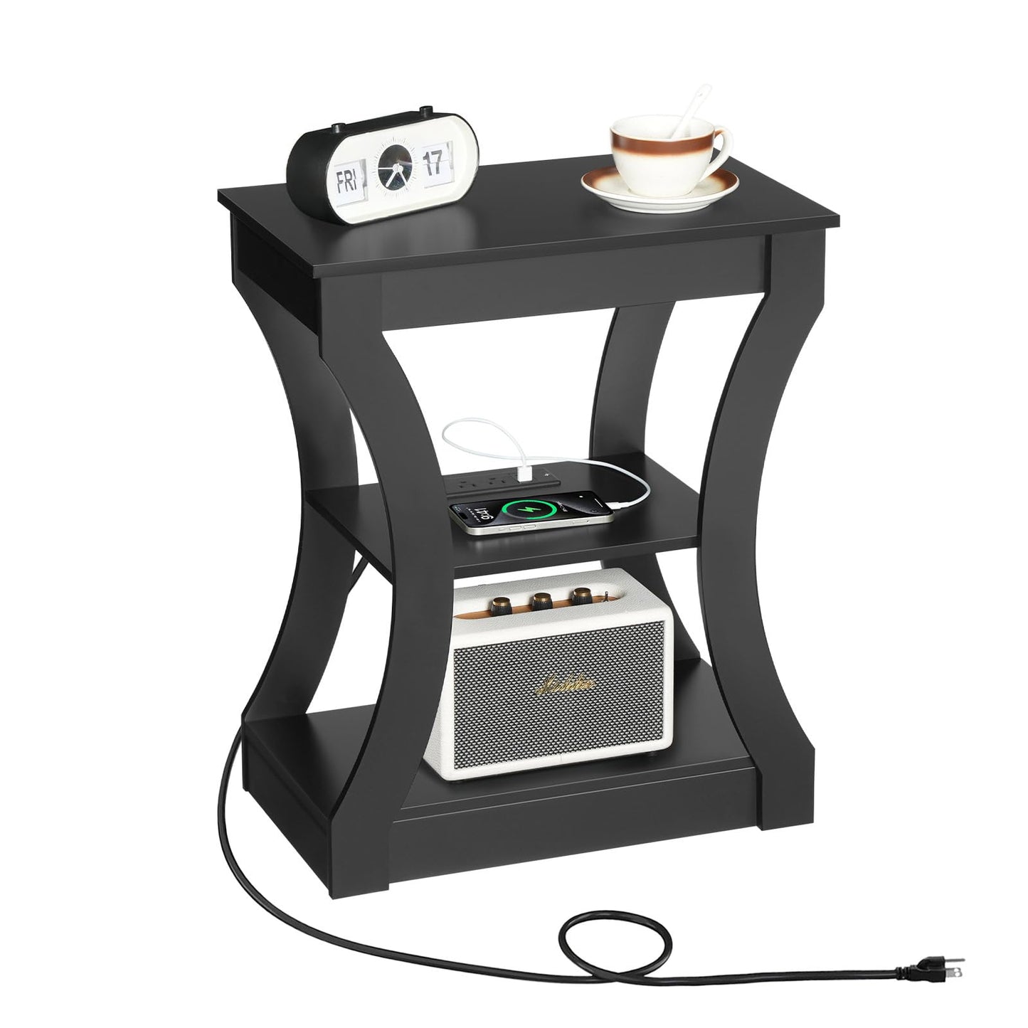 MAHANCRIS Black End Table with Charging Station, Skinny Side Table with USB Ports and Outlets, Nightstand, 3 Tier Bedside Table with Storage Shelf for Living Room, Bedroom, Small Space ETBK53E01