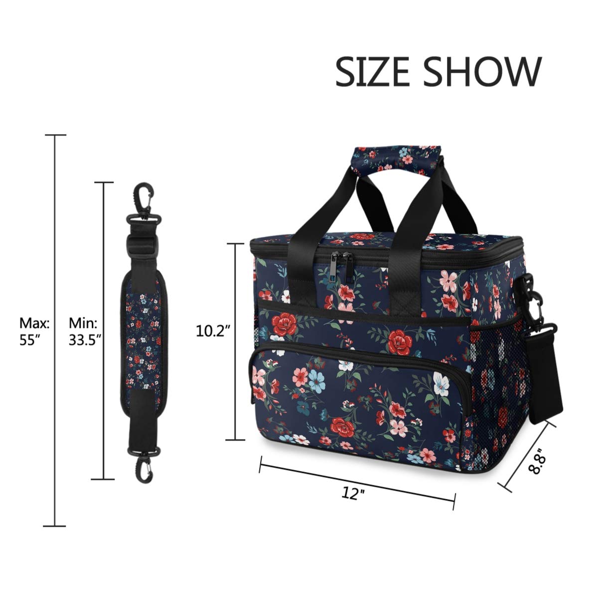 JUMBEAR 15L Leakproof Reusable Insulated Cooler Lunch Bag Office Work Picnic Hiking Beach Lunch Box Organizer with Adjustable Shoulder Strap, Rose Floral