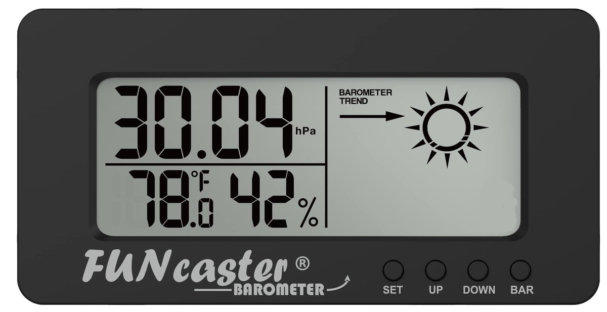 TecScan FUNcaster Barometer Ambient Weather Clock for Golf Cart, Boat, Home, Office Easy to See Time, Temp, Humidity, & Forecast