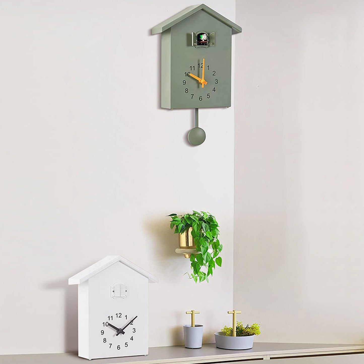 CHEOTIME Modern Cuckoo Clock, Bird House Design Wall Clock, Automatic Bird Call 6am to 9pm, Silent Movement, Decorative Pendulum Clock for Living Room Bedroom Kitchen Office