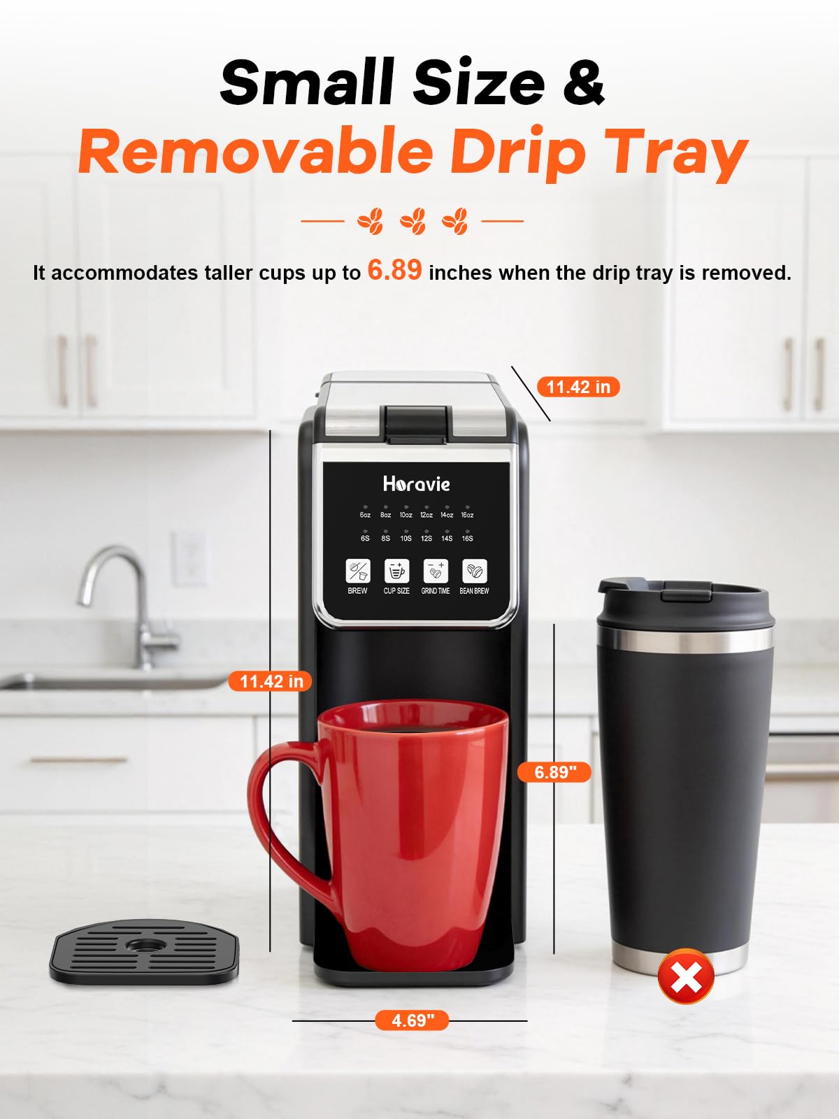 Horavie Single Serve Coffee Maker with Built-in Grinder, Fast Brew 6-16oz Single Cup for Whole Beans, Grounds, K Pod, Grind and Brew Coffee Maker with 47oz Water Tank, Descaling Alert, Black