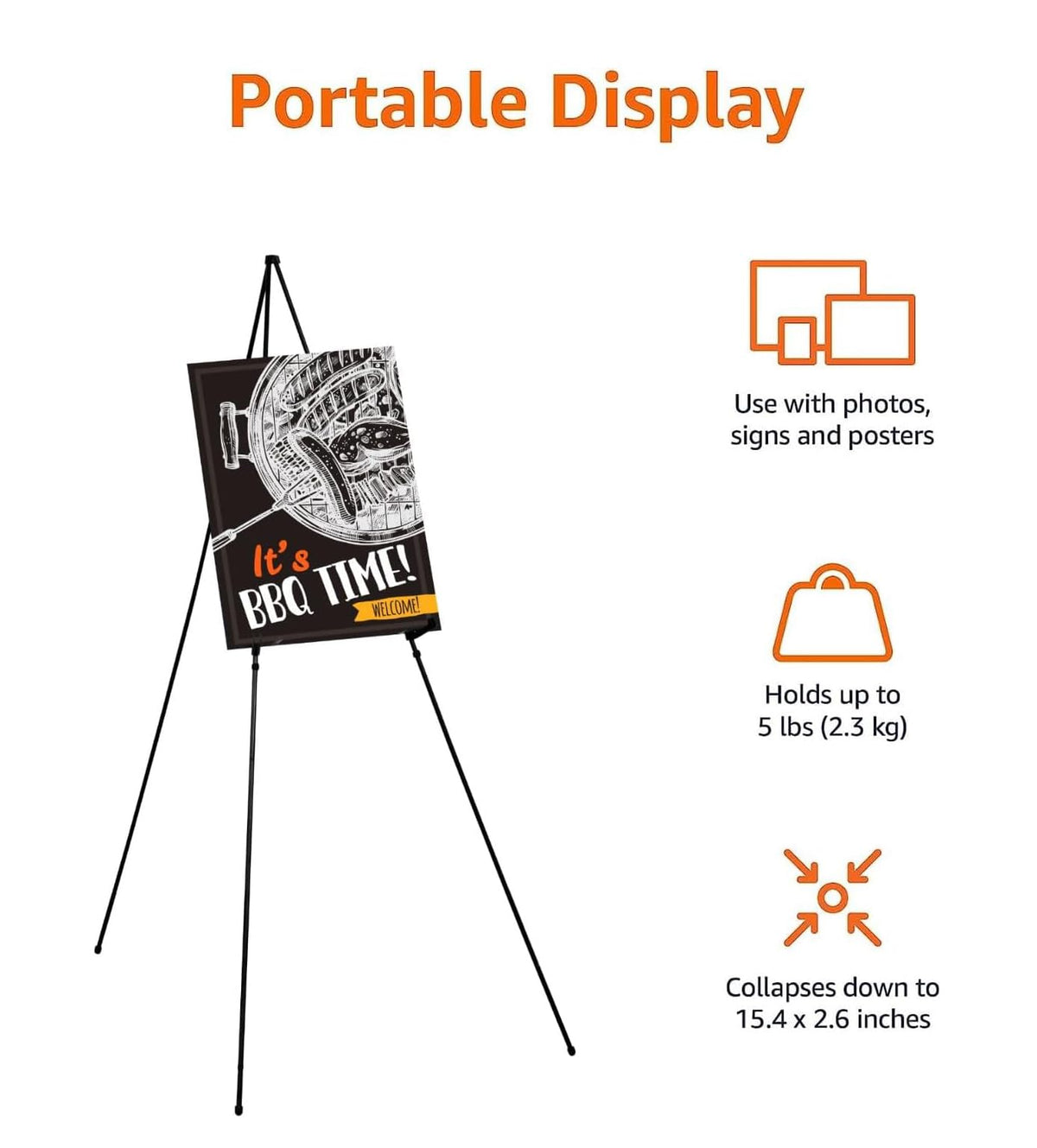 Amazon Basics Easel Display Stand, Instant Floor Poster, Lightweight, Collapsible and Portable with Tripod Base, Black Steel (supports 5 pounds)