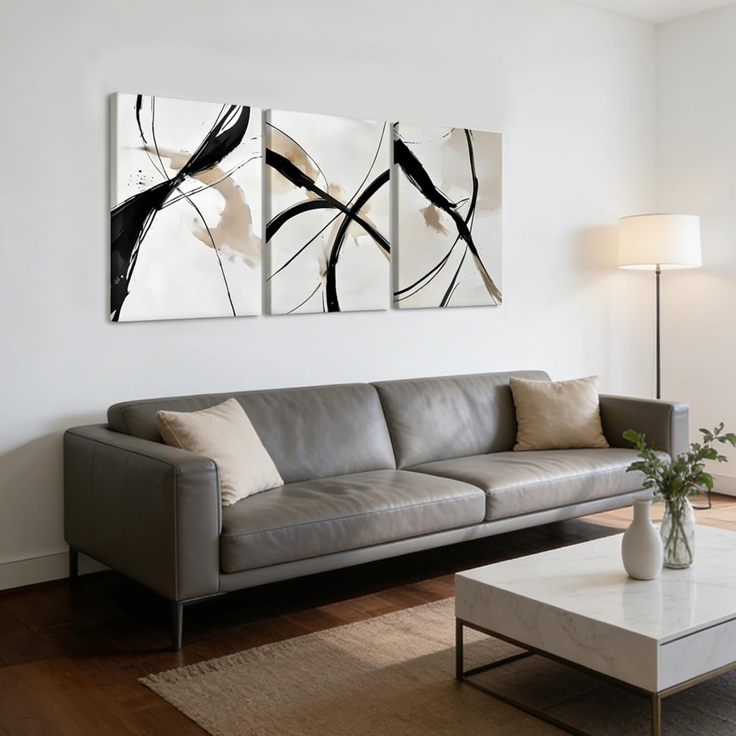 RZIGERNO 3 Pcs Abstract Line Wall Art Modern Minimalist Framed Canvas Prints 12x16 Inch Neutral Black and Beige Wall Decor Posters for Living Room Bedroom Office