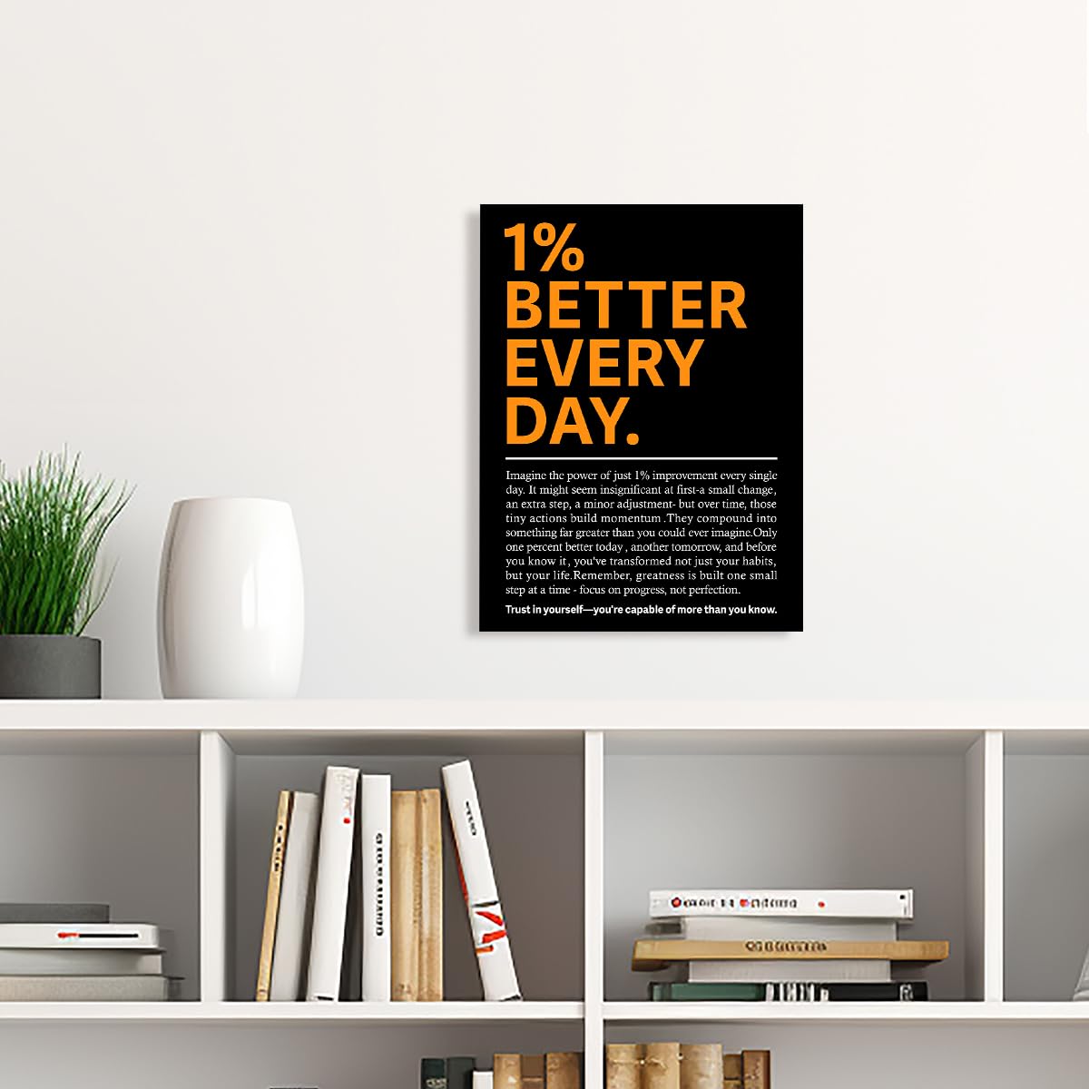 YEOION 1% Better Every Day Wall Decor,Black Motivational Quote Wall Art Canvas Frame Print for Home Office Workplace Wall Decor