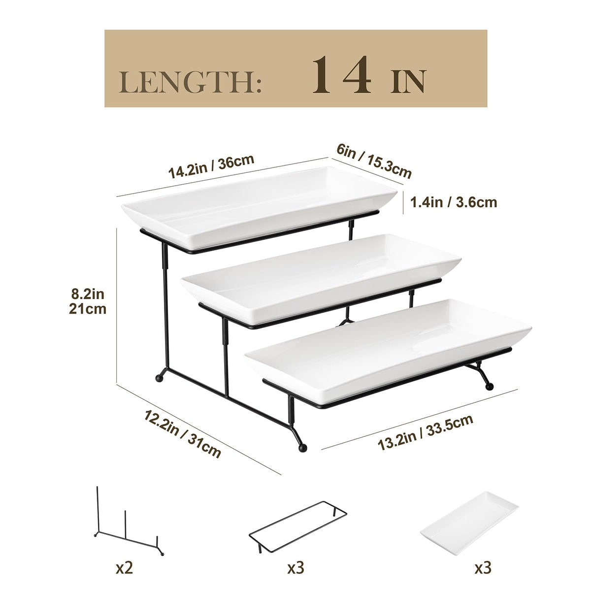 MALACASA 3 Tier Serving Tray, Porcelain Tiered Cupcake Stand, Ceramic Elevated Serving Platter with Collapsible Sturdier Rack,Series PLAT (White, 14 Inch)