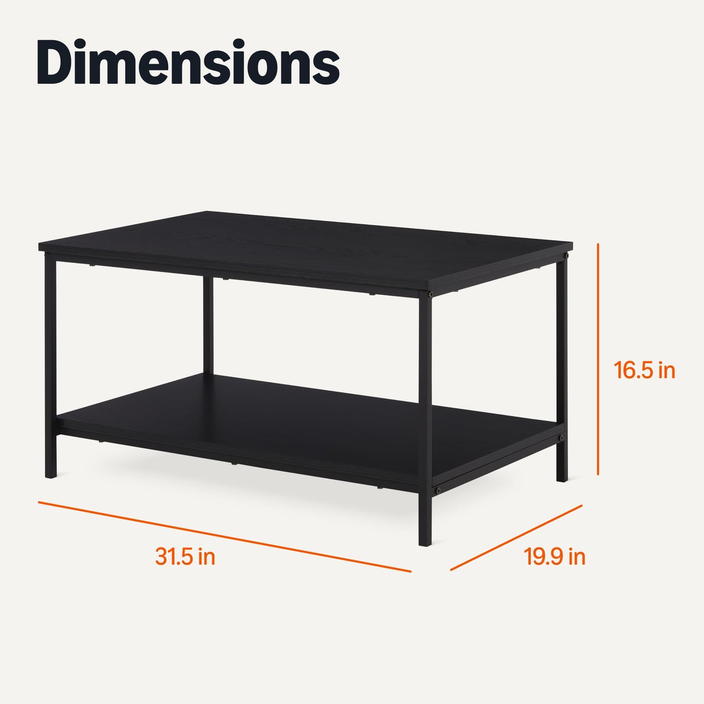 Amazon Basics Rectangular Coffee Table with Bottom Shelf, Living Room Centre Table, Easy to Assemble, 19.9" D x 31.5" W x 16.5" H, Black Woodgrain