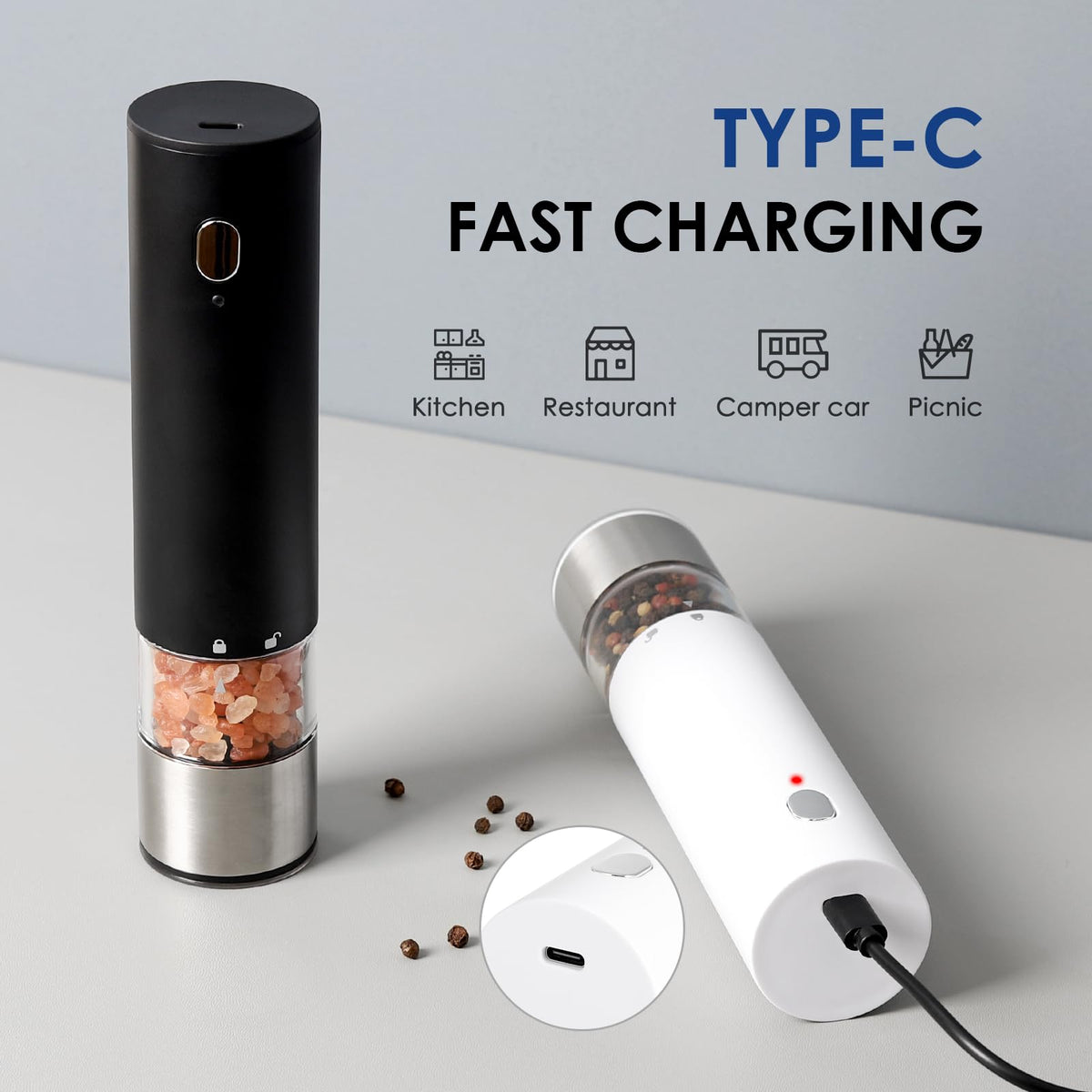 Vzaahu Electric Salt & Pepper Grinder Set Black & White Gorgeous Peppermill, Charging Indicator Light, Type-C Rechargeable, Long-lasting Battery-free, One-hand Operation, Home Cooking, Kitchen