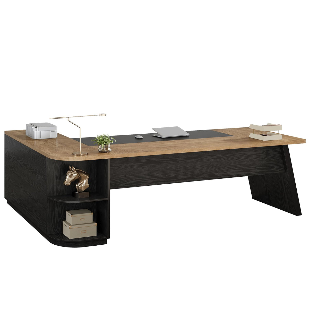 Tribesigns 79-Inch Executive Desk, Large Office Desk with Cabinet, L-Shaped Compter Desk with Storage Shelves, Writing Table for Home Office, Natural Oak and Black