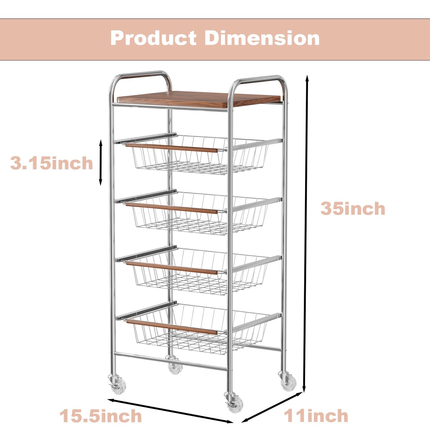pochoio 5-Tier Rolling Cart for Storage and Organization - Heavy-Duty Carbon Steel Storage Trolley with Pull-Out Wire Baskets & Wood Top | Utility for Kitchen,Living Room,Office,Pantry,5.5x11x35inch