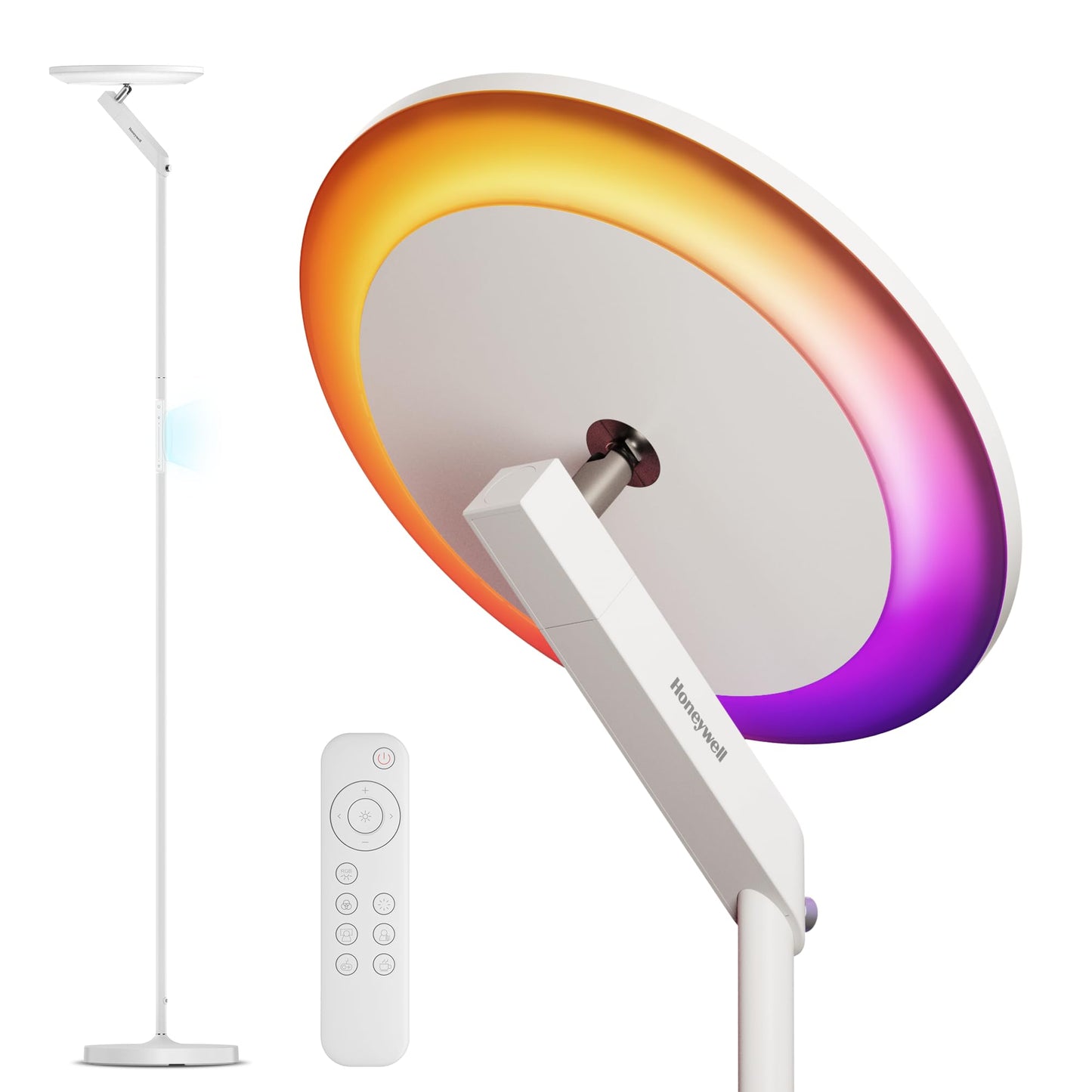 Honeywell 3000LM LED Floor Lamp, Torchiere Floor Lamps with Remote Control, F2 Sunturalux™ 40W Eye-Caring Reading Light, 2700-5000K 6 RGB Modes RGB Standing Lamp for Bedroom Living Room Office White