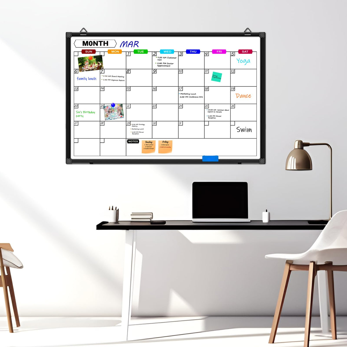 CALENBO Dry Erase Calendar Whiteboard for Wall 36" x 24", Magnetic Monthly White Board Calendar Dry Erase with Tray, Black Aluminum Frame Bulletin Board for Office Home and School