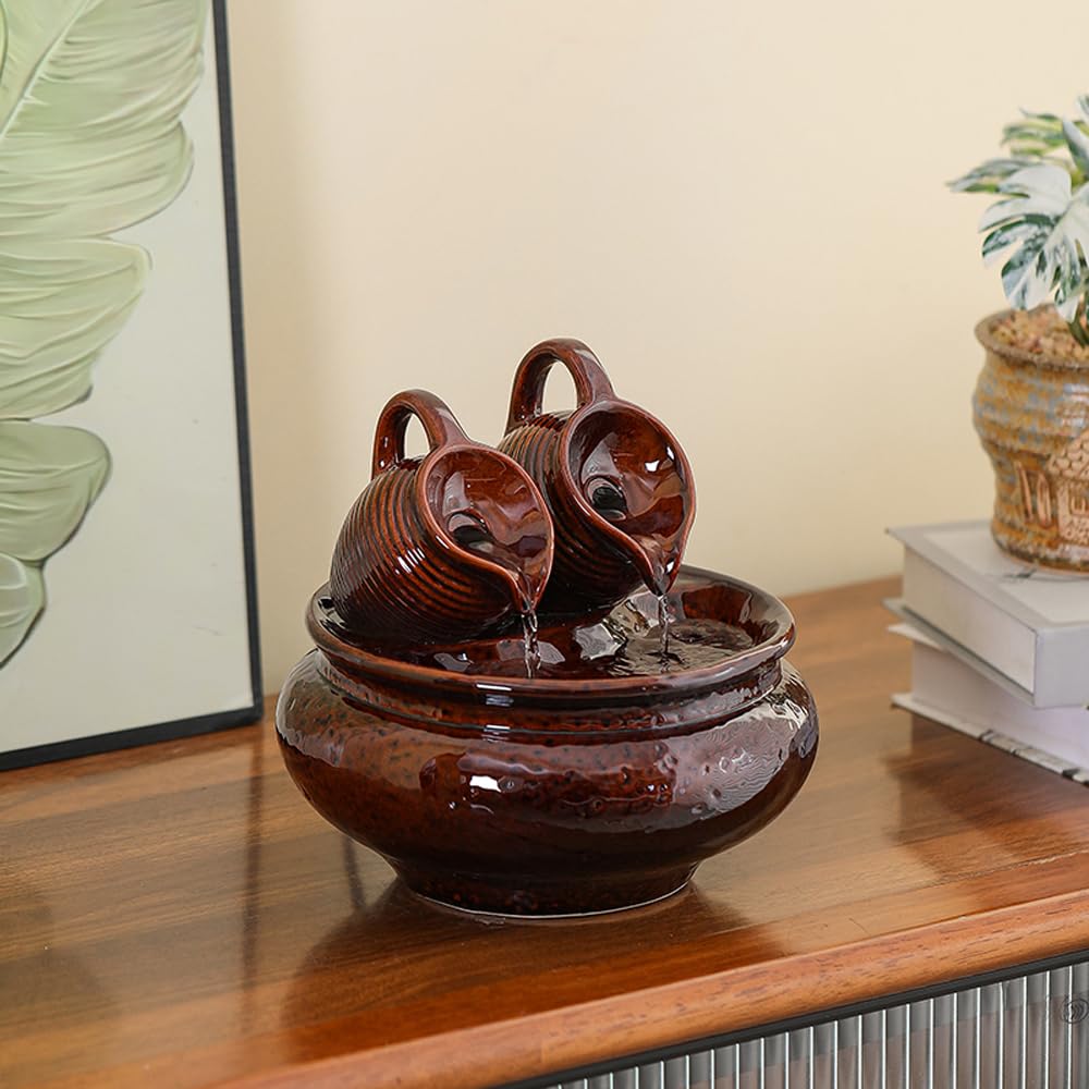 Outdoor and Indoor Tabletop Fountain Desktop Ceramic Fountain Home and Office Decoration (Brown A189)