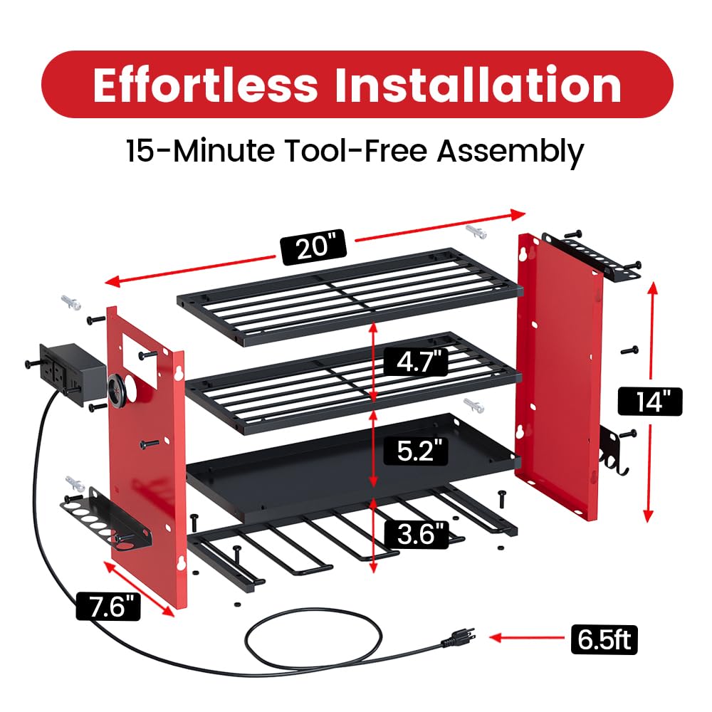 4-Tier Power Tool Organizer, Built-in 2-Outlet Charging Station for Small Garages, 400lb Capacity 12mm Steel Drill Holder & Battery Storage for DIY Home Workshops (4 Slots with 2 Outlets Power Strip)