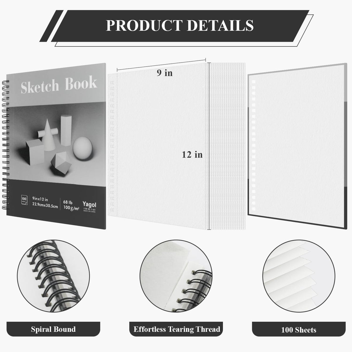 Yagol Sketch Book 9x12, 100 Sheets Spiral Bound Sketchbook, 68lb/100gsm Acid-Free Drawing Paper Pad for Sketching, Pencil, Charcoal & Dry Media, Art Sketch Pad for Students, Beginners & Artists.