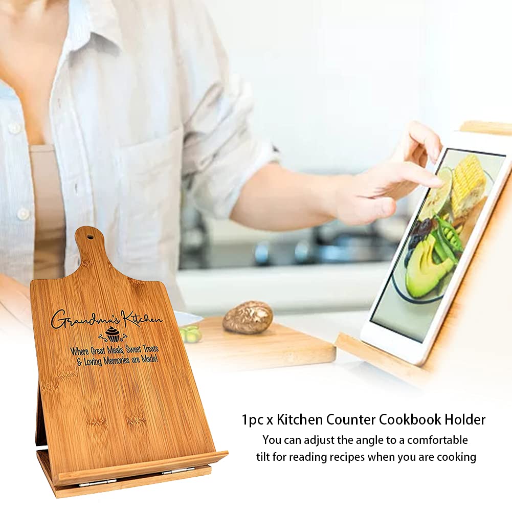 Cookbook Stand for Kitchen Counter, Rustic Cookbook Display Holder for Convenient Cooking, Adjustable Pad Tablet Recipe Book Holder, Wood Cutting Board Style Kitchen Gifts for Cooking Lovers
