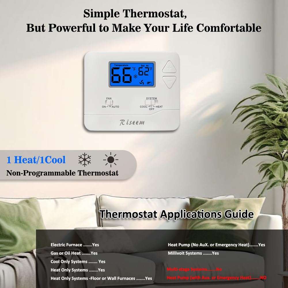 Non-Programmable Thermostat for Home Single-Stage Systems, 1 Heat/1 Cool, Easy DIY Install, Blue Backlight