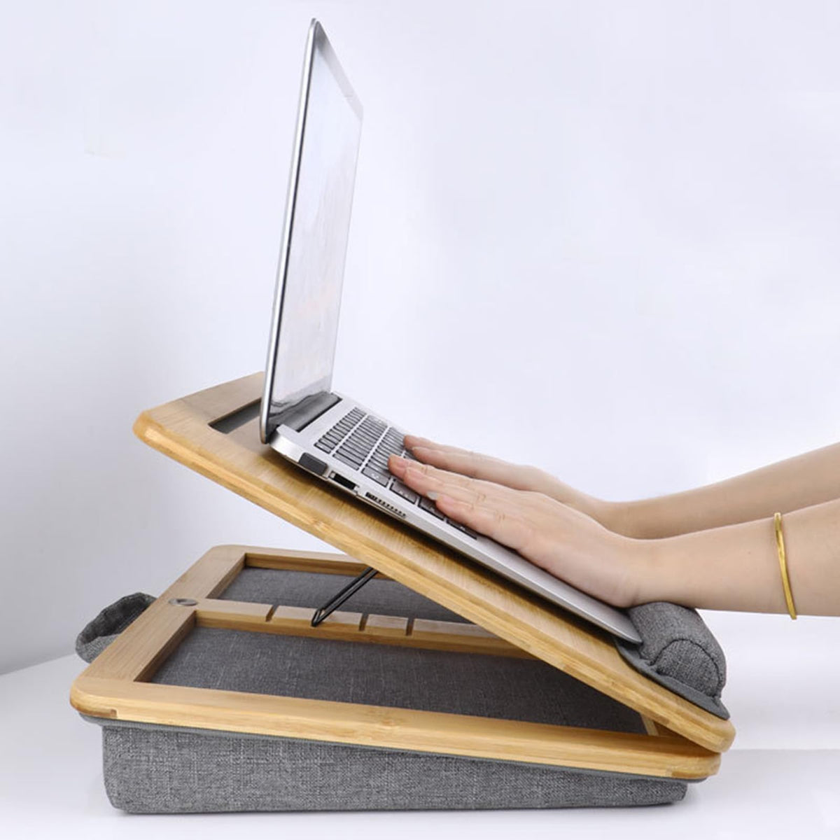 SANJIMO Adjustable Lap Desk for Laptop with Cushion, Bamboo Laptop Stand with Anti-Slip Strip Tablet Phone Holder, Fits up to 15.6 inch or 14 inch with Mouse Space