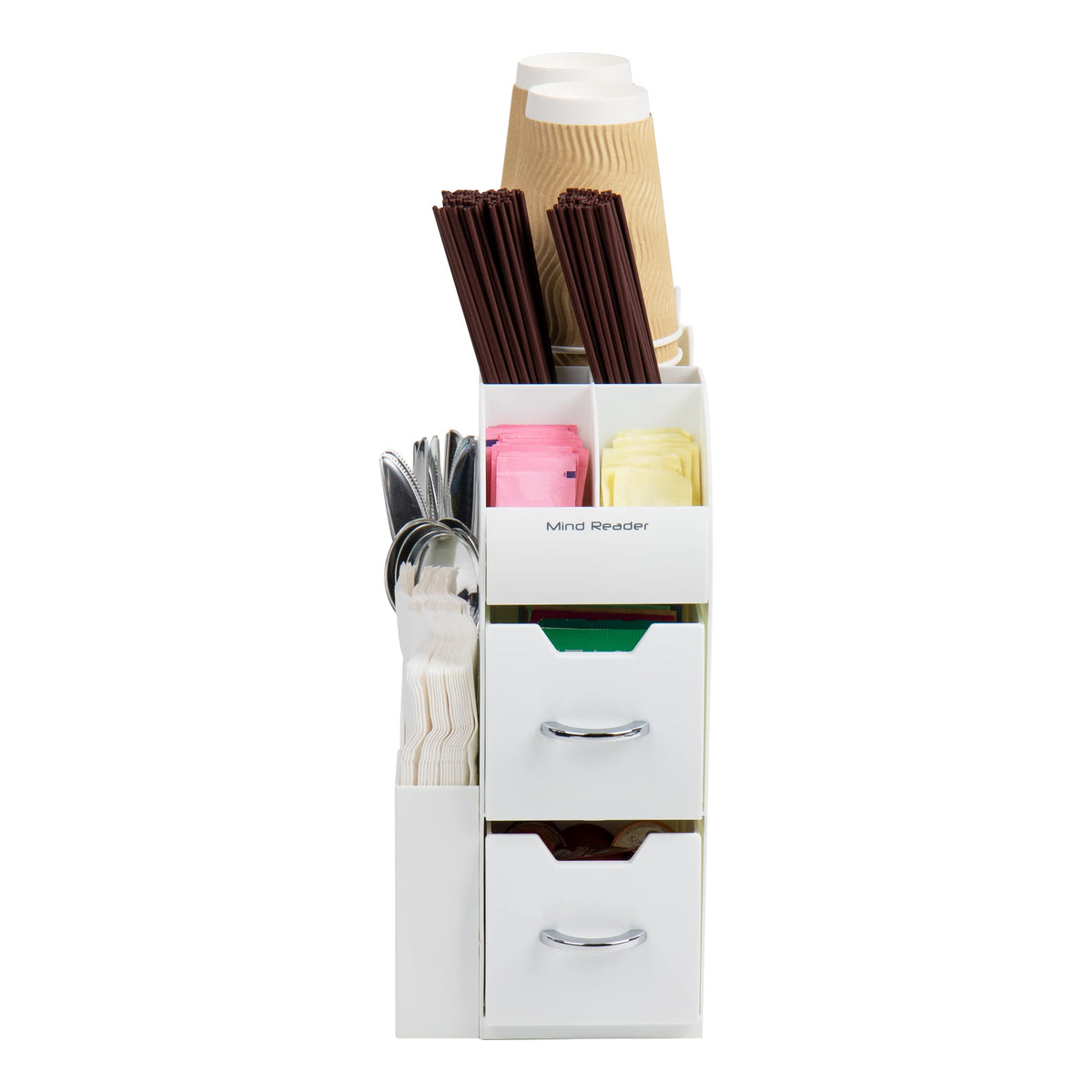 Mind Reader Cup and Condiment Station, Countertop Organizer, Coffee Bar, Kitchen, Stirrers, 5.375"L x 12"W x 11.25"H, White