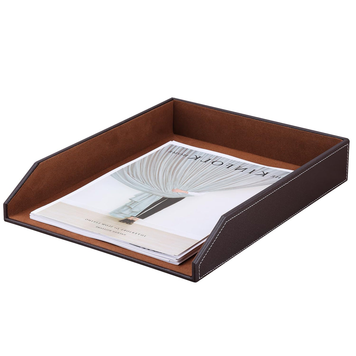 KINGFOM Letter Tray, PU Leather Paper Organizer Tray for Desk, Paper Organizer Storage Holder for Office Home or School A4 Size Brown