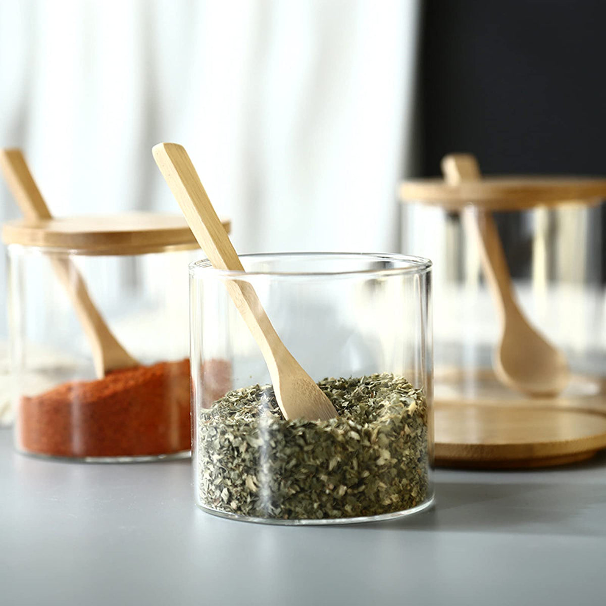 300ML/10Oz Clear Glass Jar with Bamboo Lid and Wooden Spoon, Cute Sugar Bowl Bath Salt Storage Canister Seasoning Container Condiment Pot with Scoop for Spice, Pepper for Kitchen, Table, Countertop