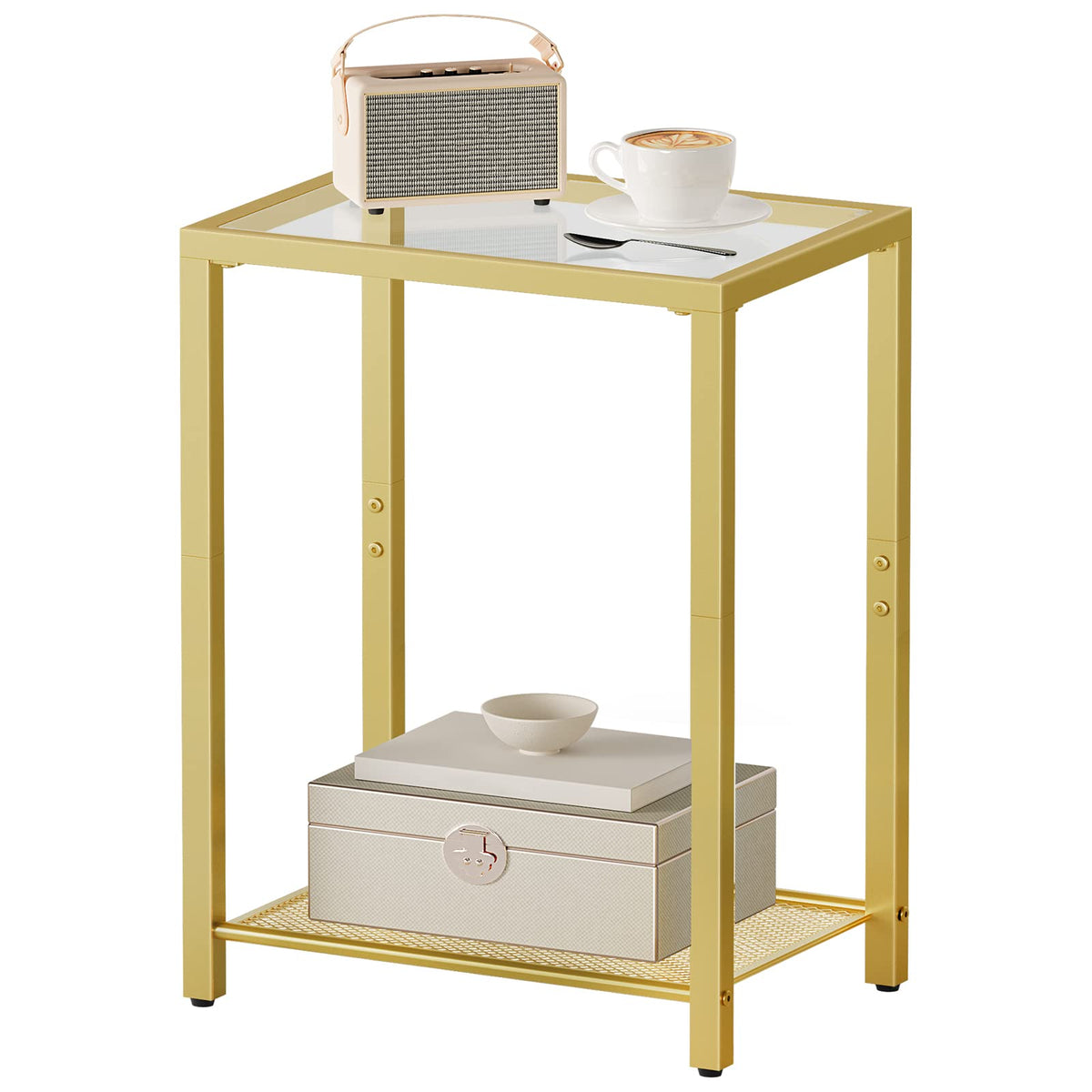 HOOBRO Set of 2 Side Tables, 2-Tier End Table, Nightstands for Tight Spaces, Tempered Glass Bedside Tables, Modern Metal Frame, for Office, Bedroom, Living Room, Study, Gold GD76BZP201