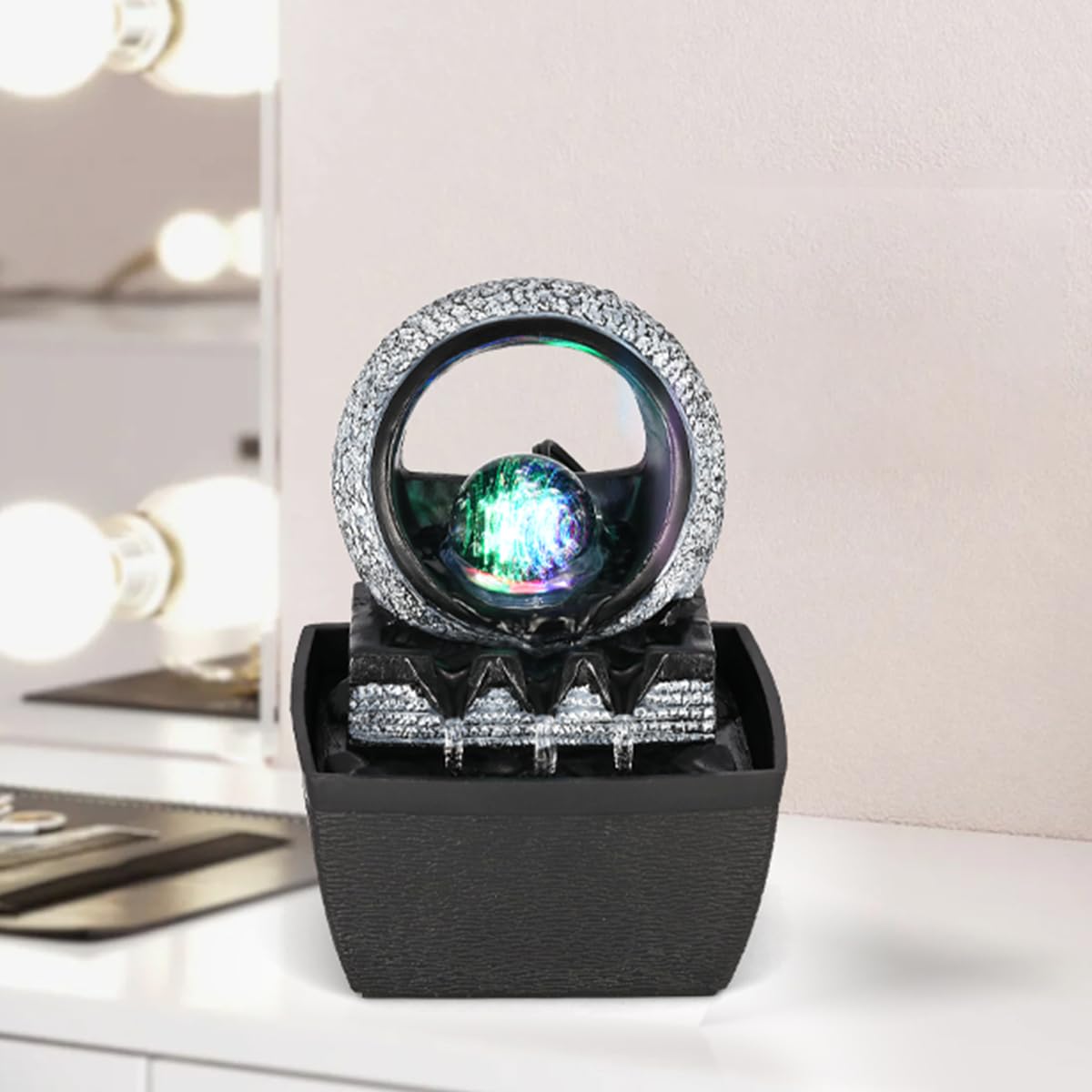 Tabletop Water Fountains, 3 Gears Desktop Fountain Indoor with Led Rolling Ball, Table Top Small Water Feature Interior Zen Relaxation Decor for Home Bedroom Living Room Office Apartment