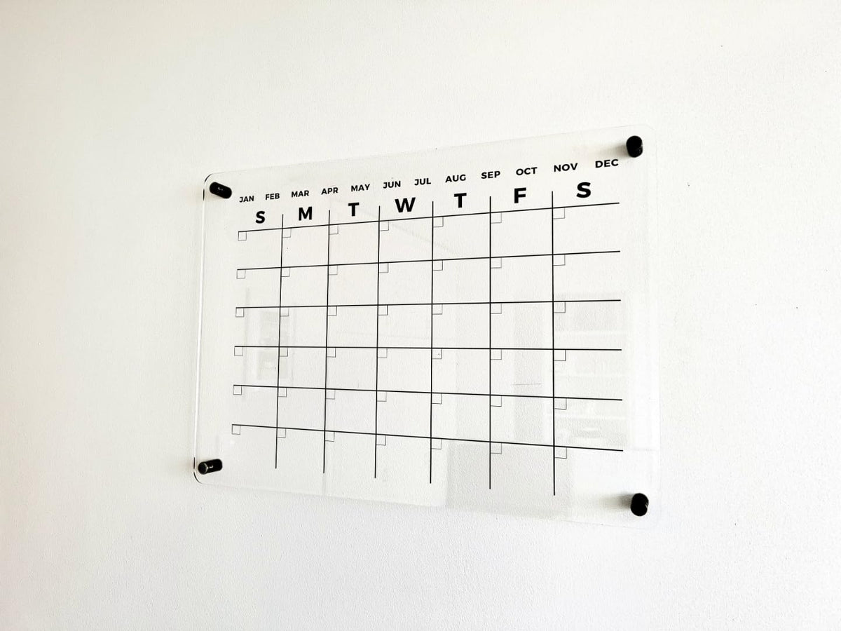 Acrylic Dry Erase Monthly Wall Calendar - Reusable Planner Board, Family Schedule Organizer, Office Schedule Board (Black Standoff, 24"x18")