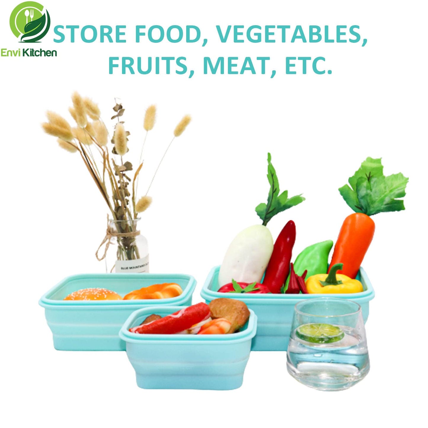 EnviKitchen Food Storage Containers with Airtight Lids - Collapsible Container for Kitchen, Pantry Organization - Silicone Air Tight Snack, Lunch Organizer Set - Oven, Microwave, Freezer-Safe - 3 Pack