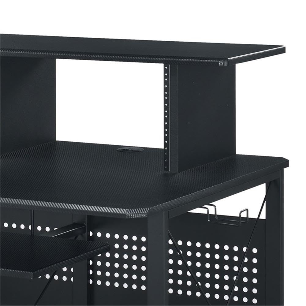 BOWERY HILL Music Desk, 72" L x 30" W x 40" H, Metal and MDF with Black Finish, Shelves and Compartments, Pull-Out Keyboard Tray, Cord Management, Multi-Function Desk for Home Studio or Office Use