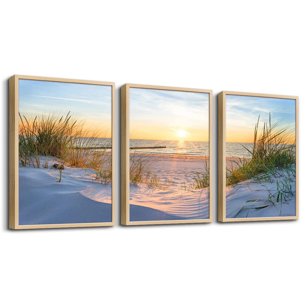 Natural Wood Framed Wall Art - Set Of 3 Piece Framed Art Prints For Living Room, Bedroom, Office Wall Decor - Blue Beach Seascape Paintings Home Decor