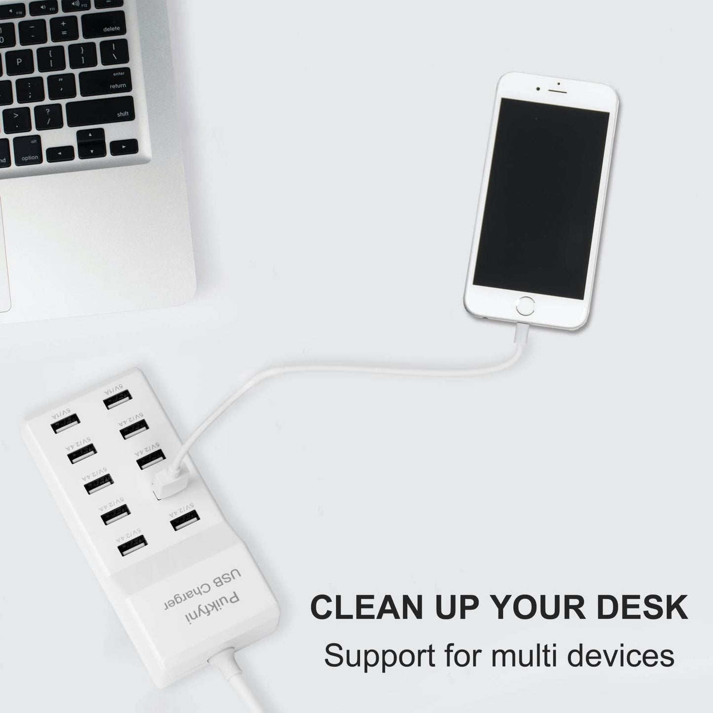10-A Port USB Charger Station, smart Multiple Charging Block/USB Power Strip for Multiple Devices,Mobile Phones and iPads,Smart Watches Tablets (White)