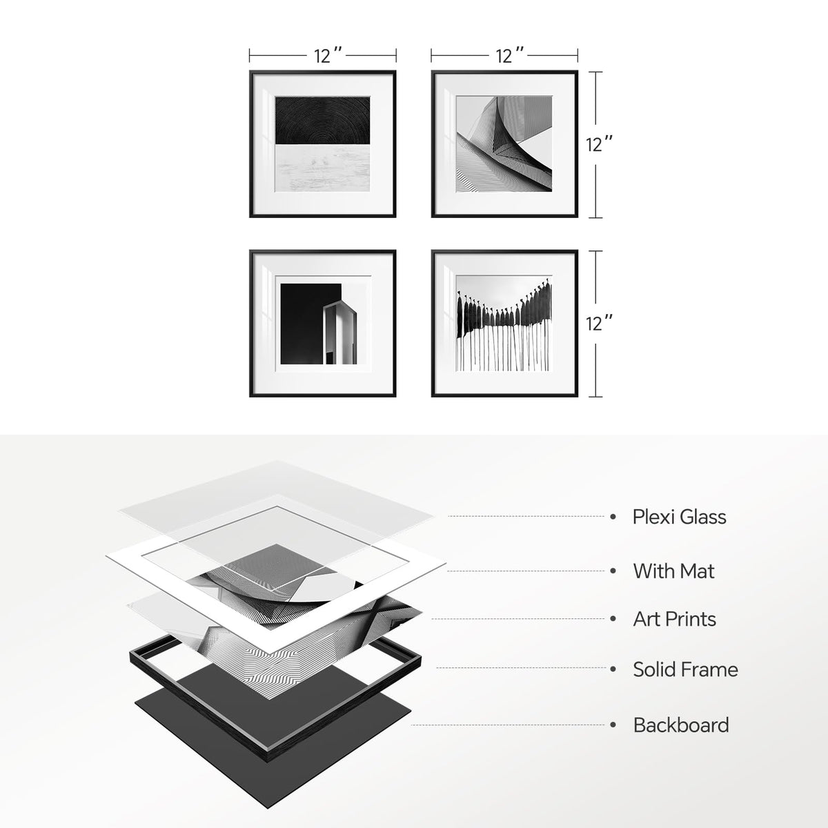 Framed Modern Canvas Wall Art Set of 4 Piece, Black and White Abstract Picture Prints, Geometric Line Minimalist Paintings Artwork for Bedroom, Living Room, Hallway and Office 12x12 Inch
