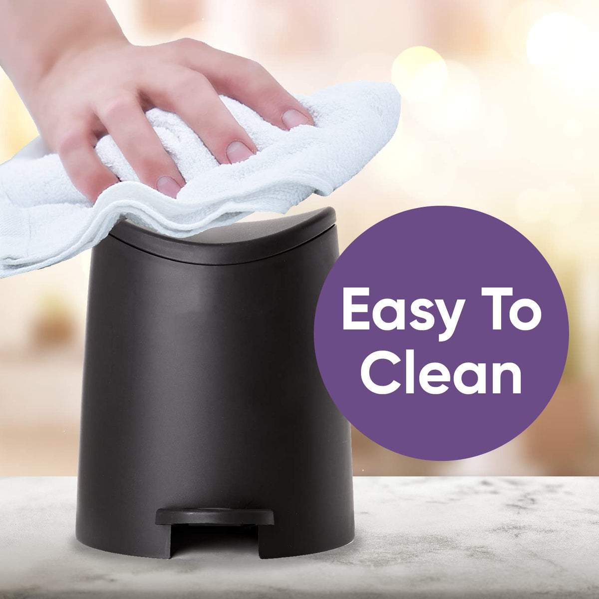 Superio MIni Plastic Bathroom Trash Can with Lid 3 Liter Black Modern Curved Step On Trash Can with Foot Pedal, Mini Kitchen Waste Bin, Durable and Soft Close for Bedroom, Office, Under Desk