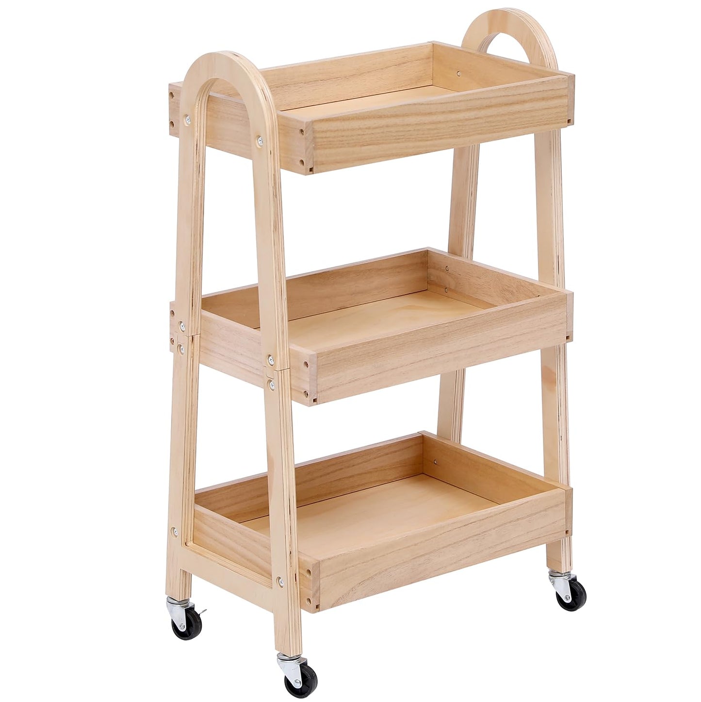 3-Tier Wooden Rolling Cart- Wooden Utility Cart wit Wheels- Utility Rolling Cart-Storage Trolley Organizer- Rolling Kitchen Cart Serving Cart for Office,Kitchen, Kids' Room (natural wood color)