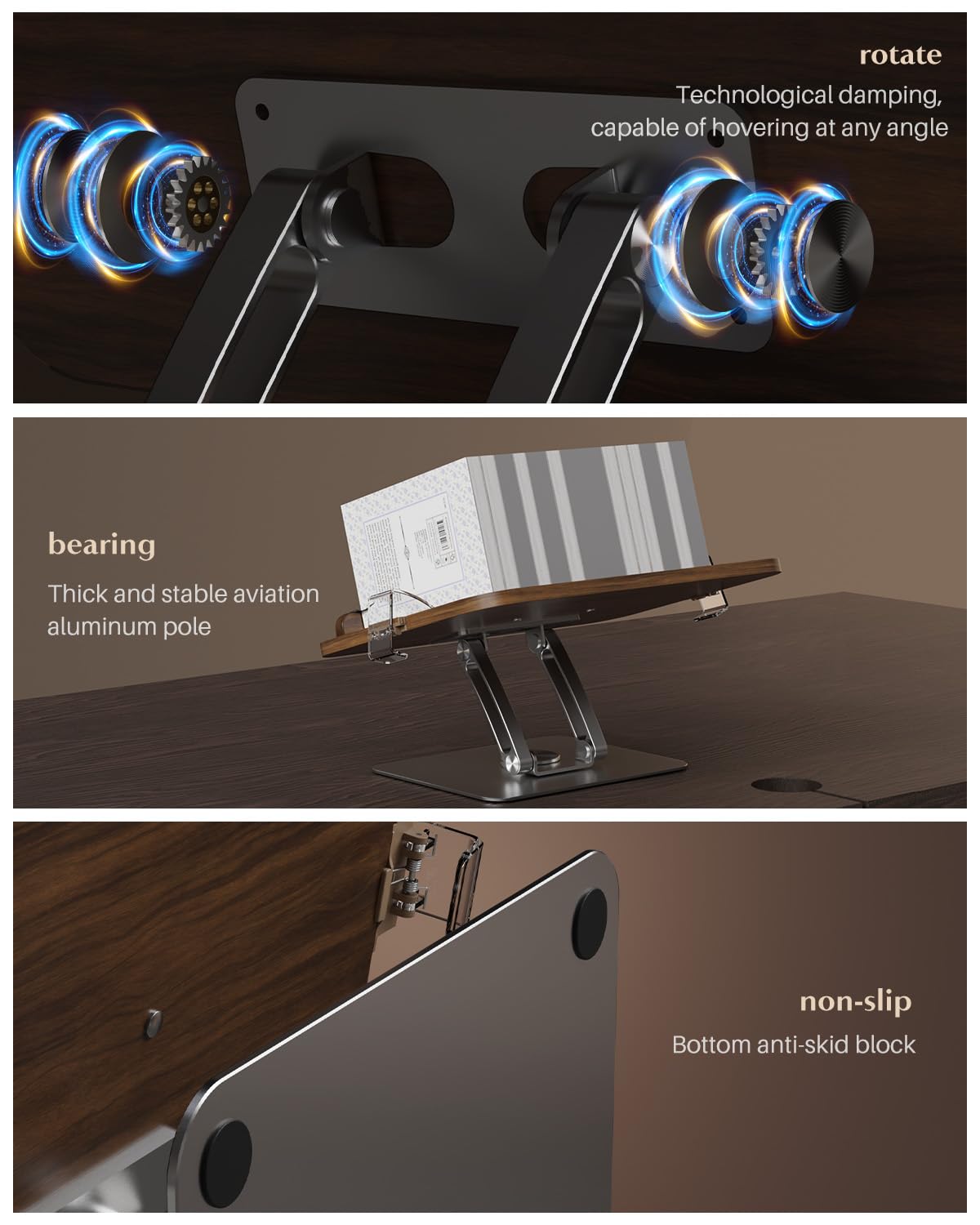 Book Stands for Reading,Adjustable Book Holder with 360° Rotating Metal Base,Foldable Cookbook Stand, Reading Hands Free with ABS Expandable Page Clips for Recipe,Textbook,Laptop
