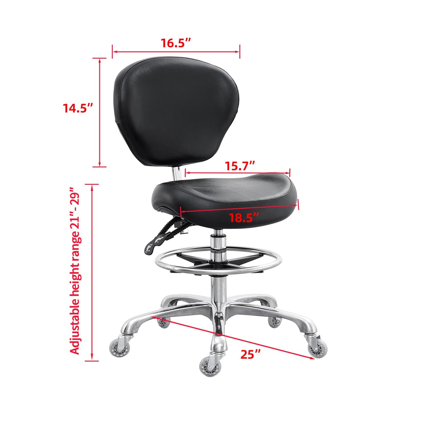 Grace&Grace Drafting Chair Adjustable Tall Shop Stool, Rolling Stool with Back Support for Studio, Classroom, Lab, Counter, Medical (Black)