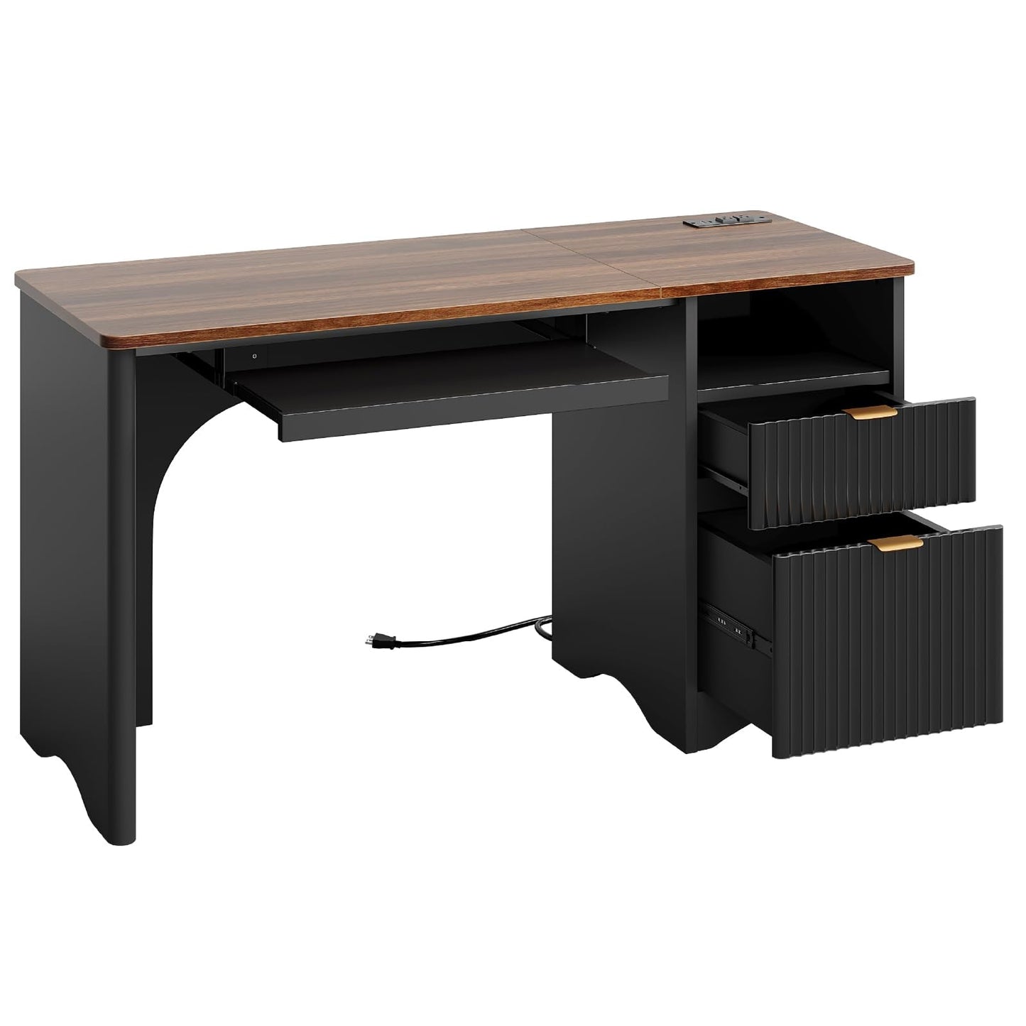 Bestier Computer Desk with Keyboard Tray, 55 inch Office Desk with Power Outlet, Modern Home Office Desk with File Drawer (Walnut with Black, 55" W with Single-Sided Drawers)