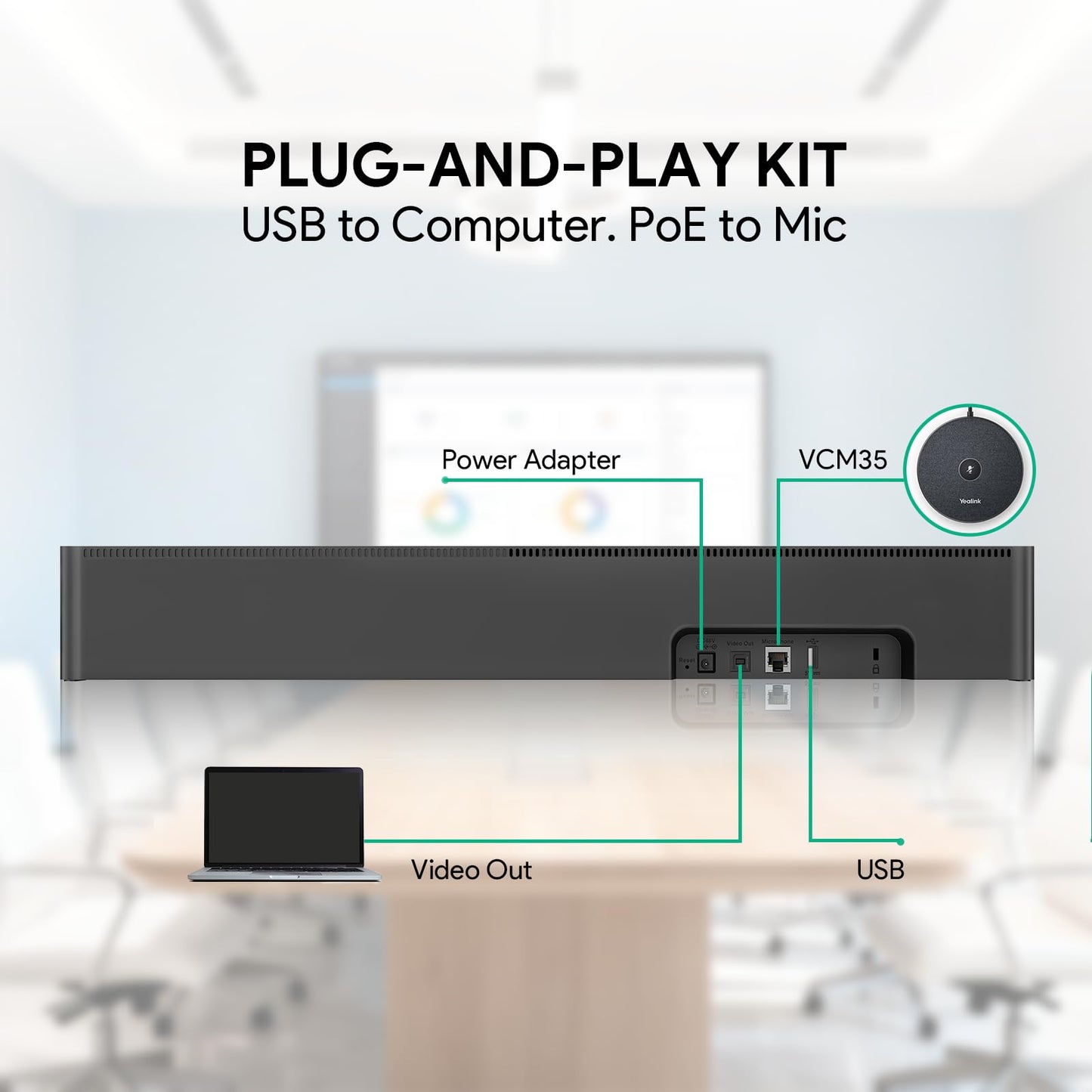 Yealink UVC40 E2 and Expansion Mic (VCM35) HD Video and Audio Conferencing System Bundle for Small to Medium Meeting Room, Ultra HD 4K, 8 Microphone Arrays, AI Auto Framing, Full-Duplex