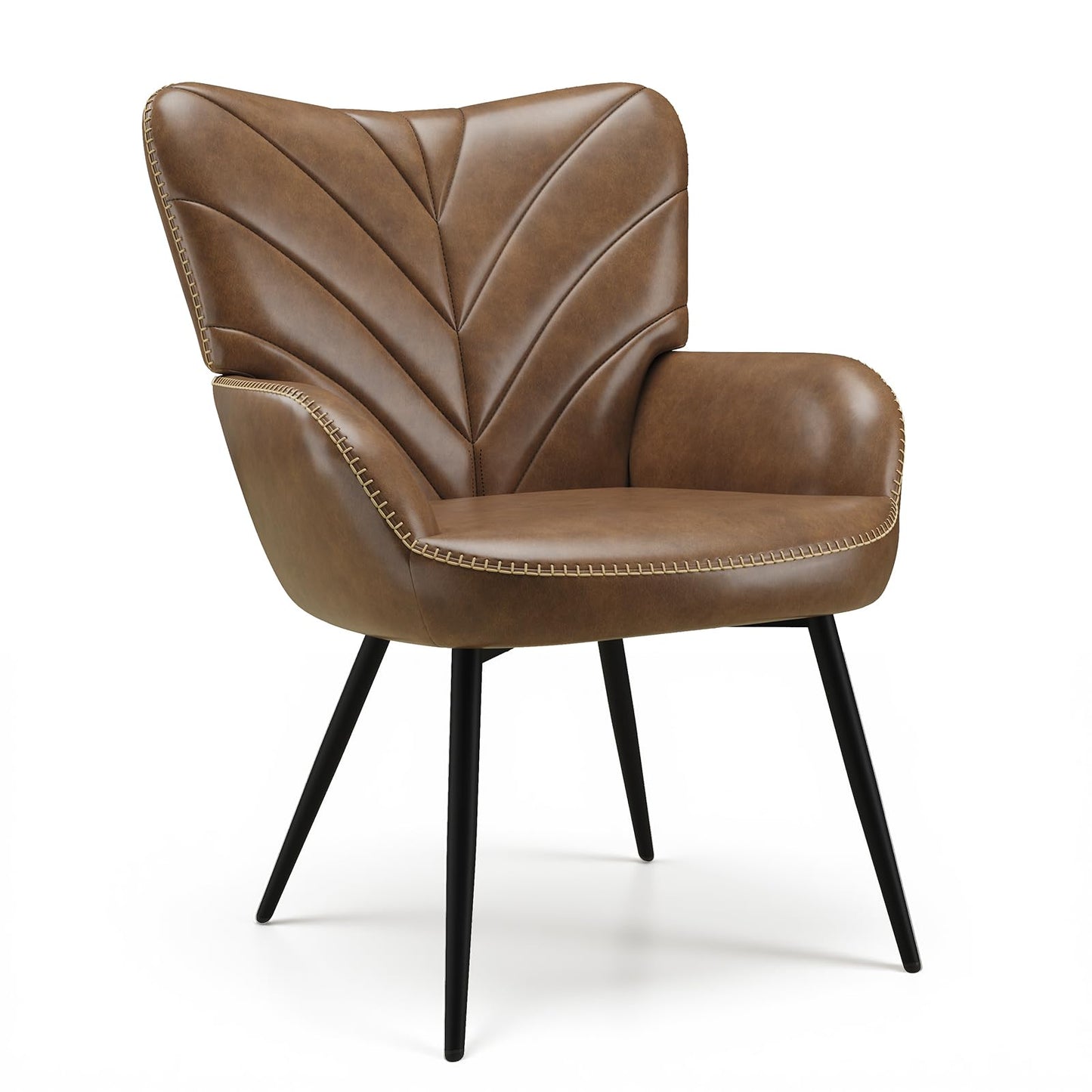 MALOL Mid-Century Modern Faux Leather Accent Chair for Living Room, Upholstered Armchair with Curved Ergonomic Back, High-Density Cushion & Metal Legs, Lounge Chair for Bedroom/Reading Corner