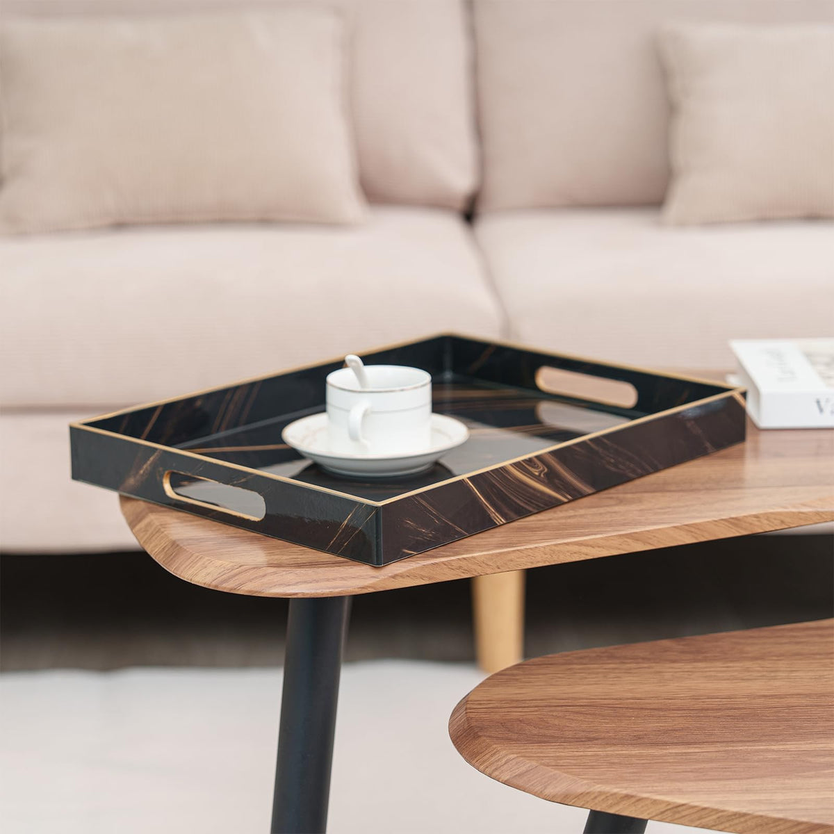 Serving Tray, Modern Plastic Food Trays for Eating on Lap Decor Coffee Tray with Handles Rectangular Non-Slip Candle Plate, 15.7"x11.8"x1.6" Large Drinks Platter for Kitchen/Living Room/Bedroom