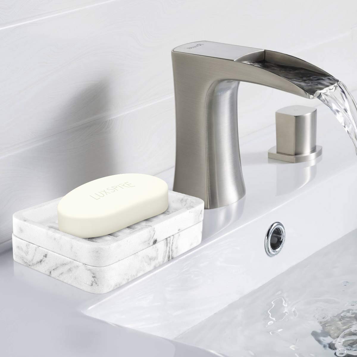 Luxspire Soap Dish Tray, Double Layer Draining Sponge Holder, Detachable Container Box for Bathroom Shower, Kitchen Sink Dish - White Marble
