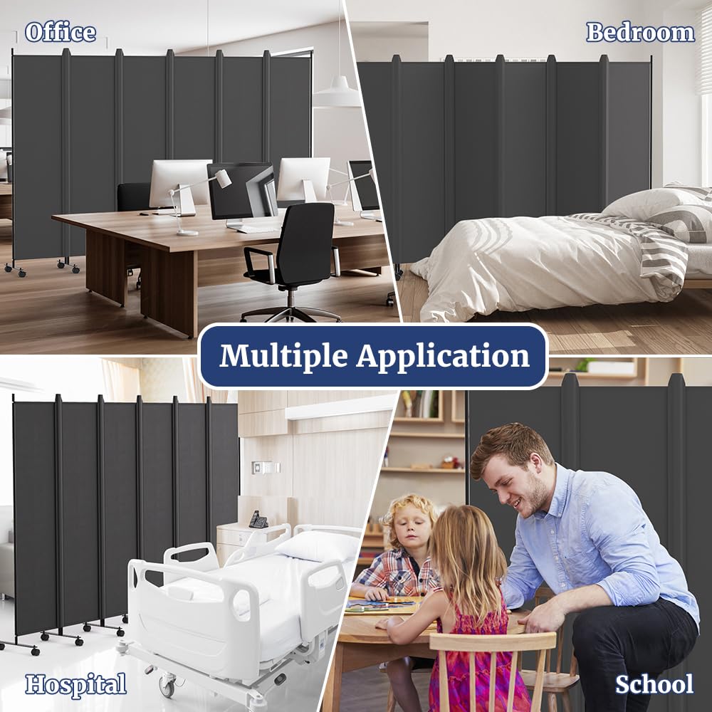 Kokorona 6 Panel Room Divider, 6FT Tall Rolling Privacy Screen with Lockable Wheels, Folding Wall Dividers Portable Room Divider for Room Separation, Included - Cover Strips, Grey, 119''W x 70''H
