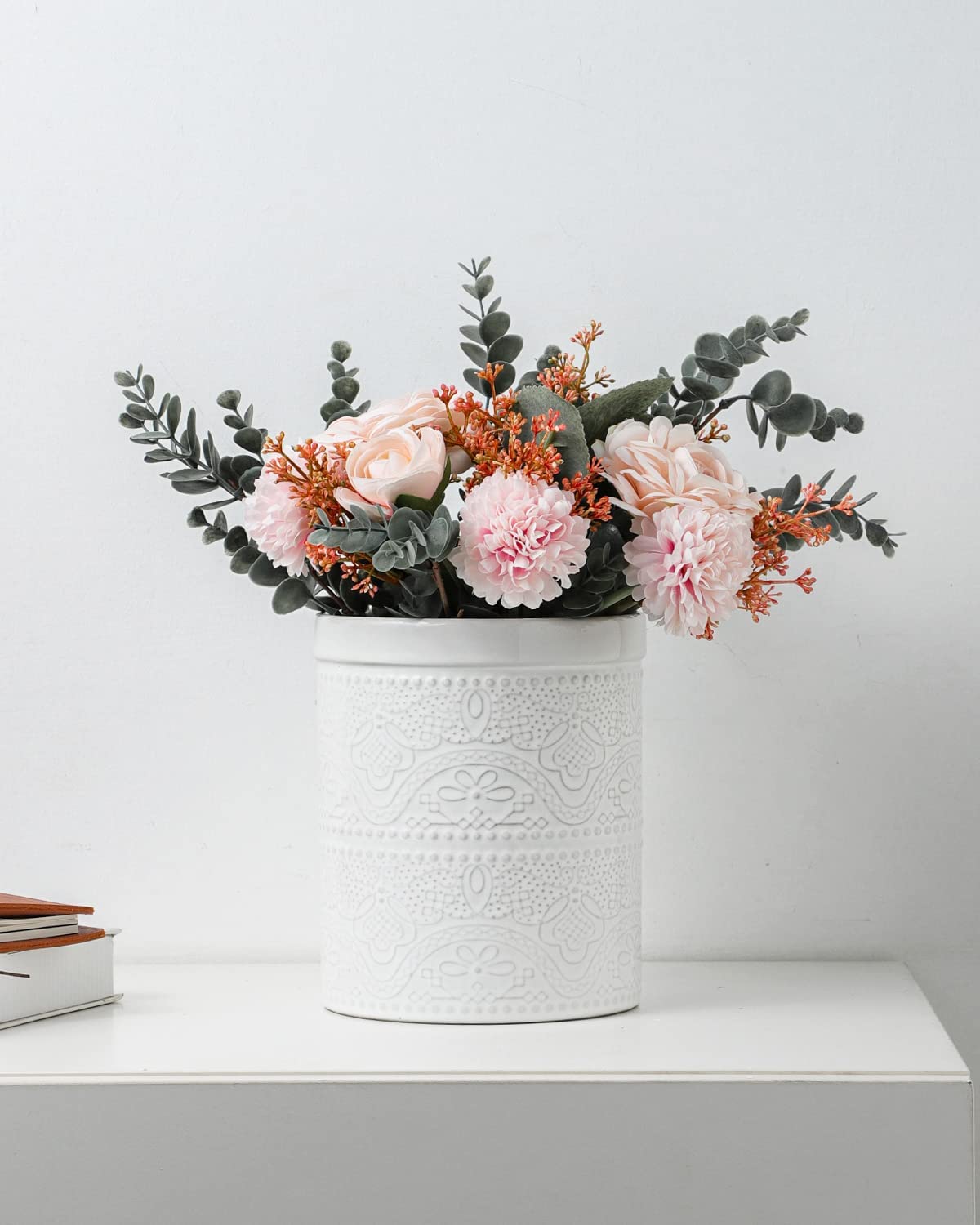 FUN ELEMENTS Kitchen Utensil Holder, 7.2" Super Large Utensil Crock Heavy and Stable Lace Emboss Ceramic Utensil Holder for Kitchen Counter (Bright White)